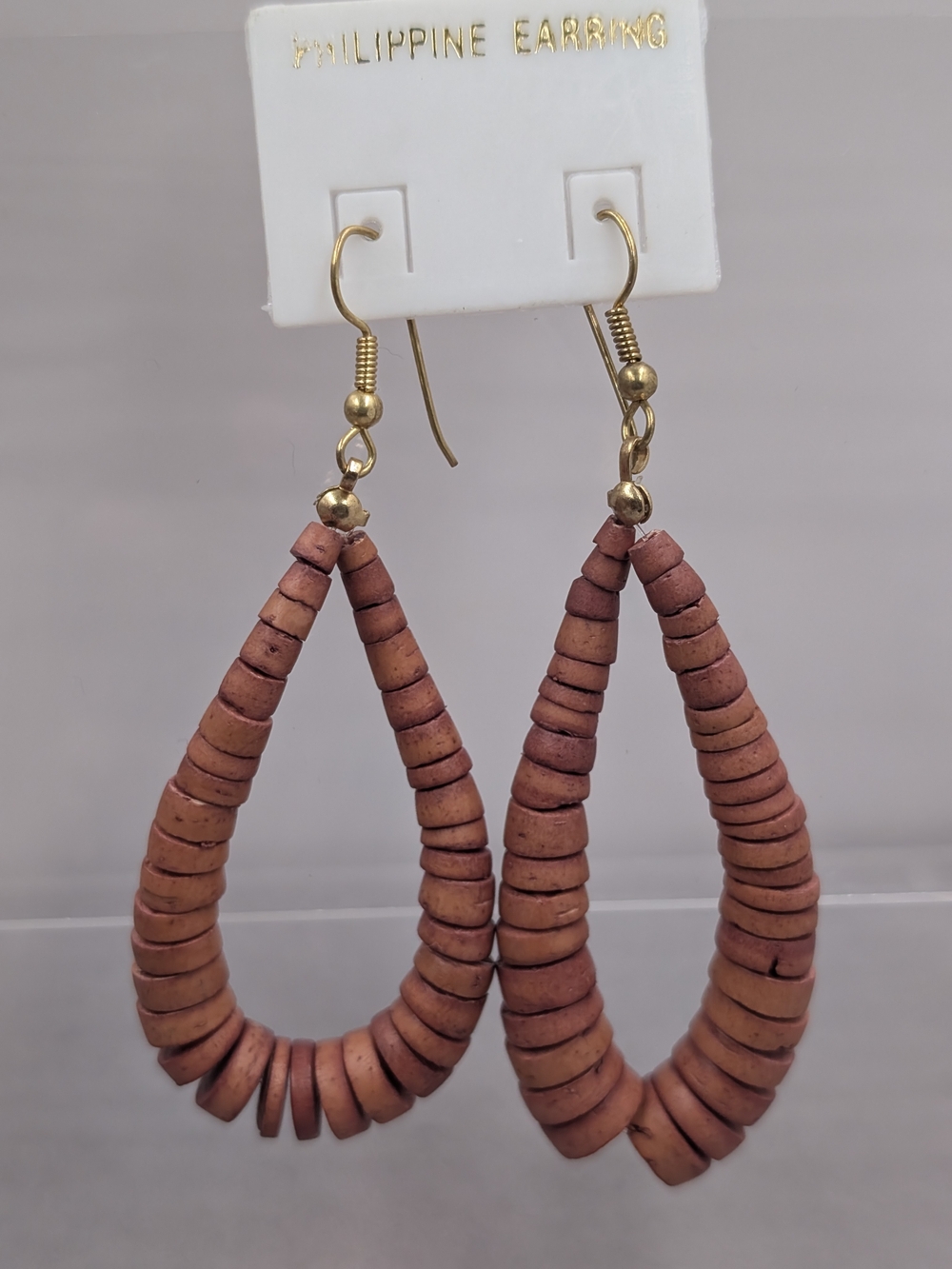 Philippine Coconut Wood Disc Teardrop Dangle Earrings Boho | M270